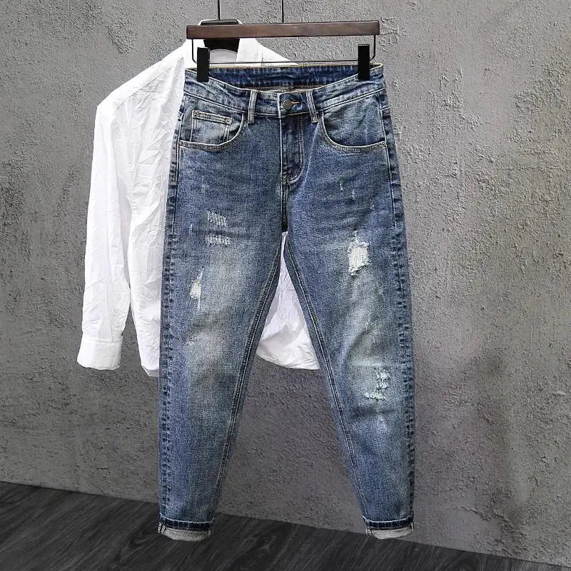 Jeans Ripped Trendy High Street Men's Long Pants Men's Brand Knees 2025 New Spring Autumn Slim Feet Streetwear Men Blue Jeans