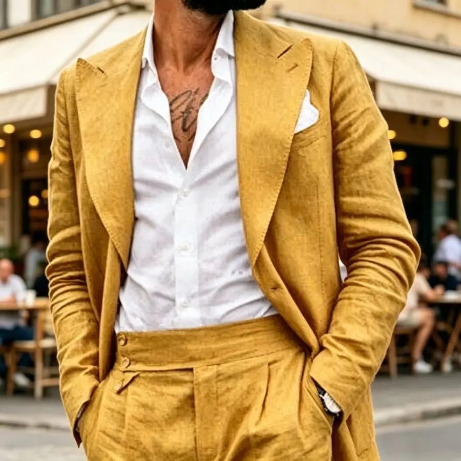 Linen Men Suits with Wide Lapel 2 Piece Prom Wedding Lightweight Summer Beach Groom Outfit Casual Formal Blazer Trousers Set