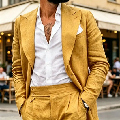 Linen Men Suits with Wide Lapel 2 Piece Prom Wedding Lightweight Summer Beach Groom Outfit Casual Formal Blazer Trousers Set
