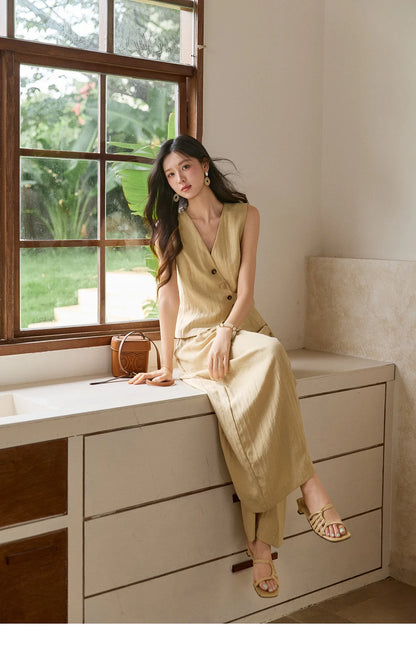 Women's Sleeveless V Neck Vest 2026 Summer Asymmetric Button Belted Waist Slim Solid Waistcoat Office Lady MXF27W1076