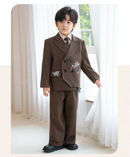 Boys Solid Double Breasted Blazer Jack Vest Pants Children Suit Waistcoat Wedding Clothes Sets Toddler Formal Dress Kids Tuxedos