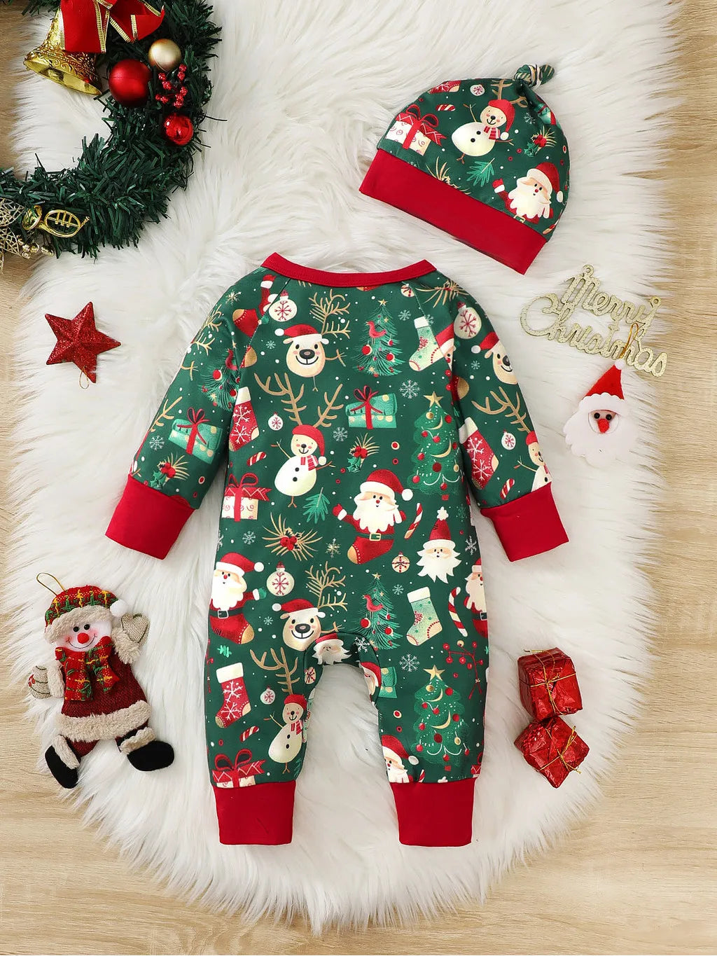 1-18 Months Newborn Baby Boy&Girl Christmas Jumpsuit Cute Santa Claus Print Long Sleeved Zipper Romper+Hat Toddler Baby Costumes