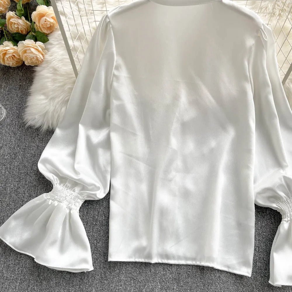 High Quality Satin Loose Shirt Long Flared Sleeves Ruffles O Neck Beading  Women Gentle Office Lady Casual Blouse