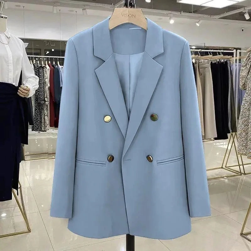 Blazer Woman Autumn Spring Long Sleeve Double Breatsed Lapel Loose Coat Slim Casual Jackets Office Ladies Vintage Blazers