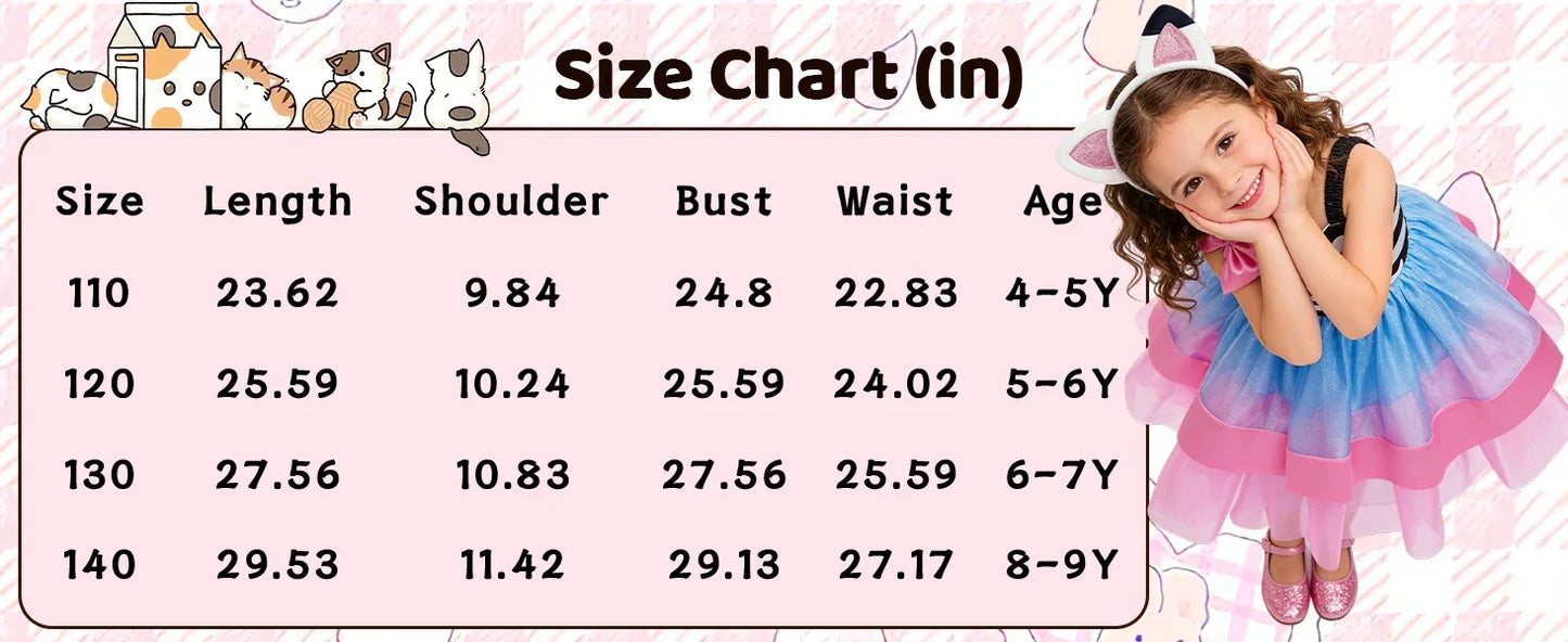 2026 Summer New Kids Girls Puffy Princess Dress Cat Striped Tutu Dress Children Birthday Party Cosplay Costume