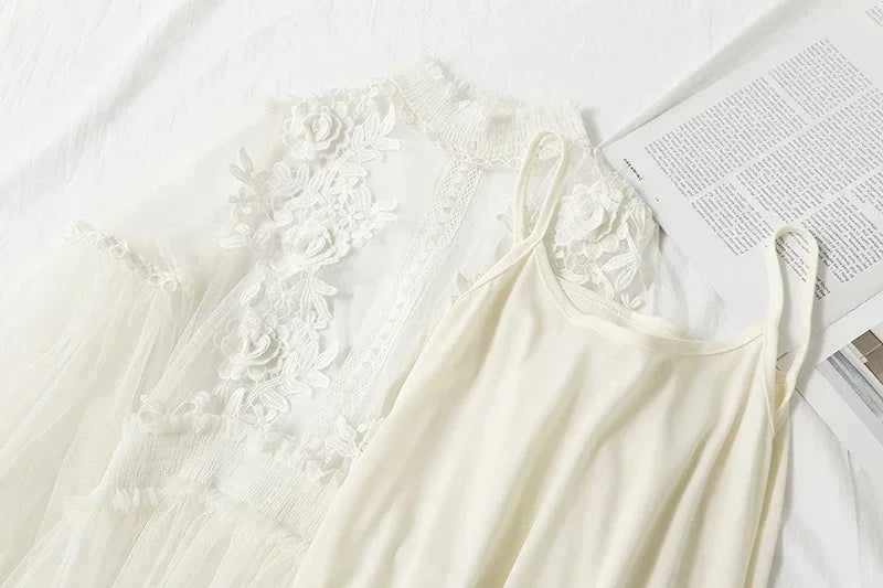 Lace Flower Mesh Summer Dress Women Lantern Sleeve White Casual Dresses Female Party Vintage Slim Women Dress 2 Piece Sets 12041