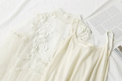 Lace Flower Mesh Summer Dress Women Lantern Sleeve White Casual Dresses Female Party Vintage Slim Women Dress 2 Piece Sets 12041