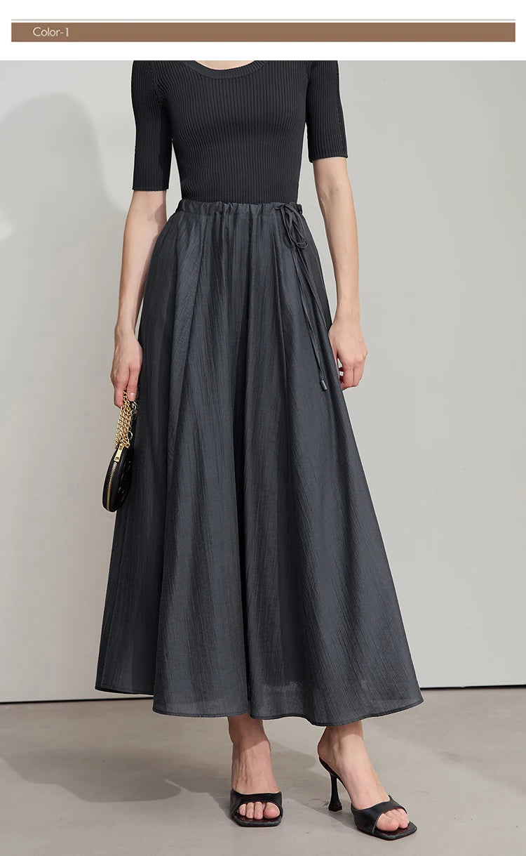 Minimalist New Summer Knee Length A-line Skirt Women Adjustable Drawstring Solid Color Commuting Style Loose Skirt 12522025
