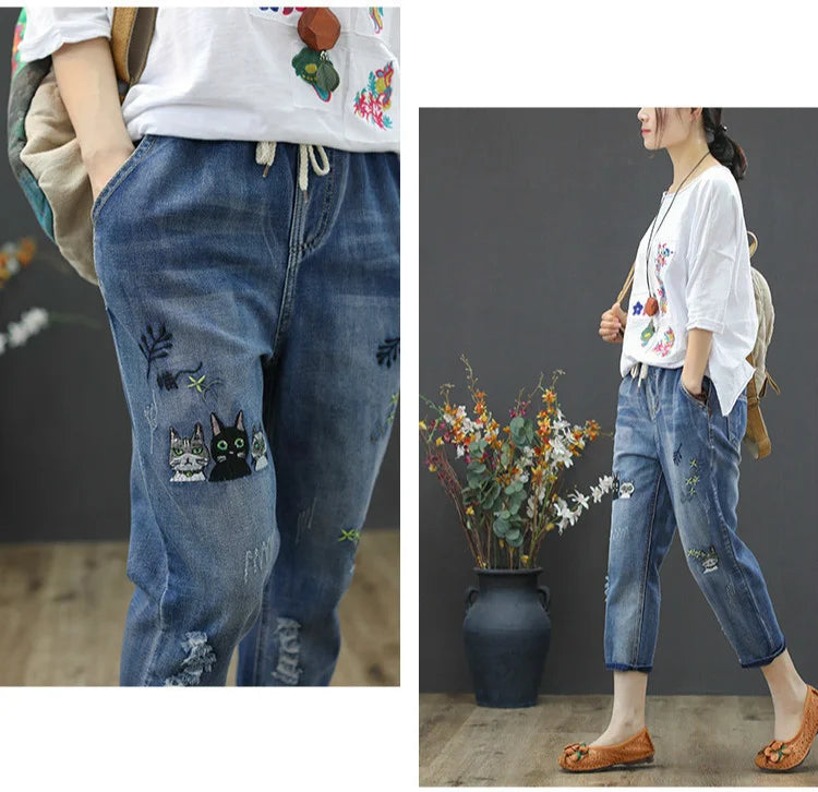 2025 Fashion Summer Streetwear Denim Trousers Ladies Vintage Elastic Jeans Womens Casual Loose Embroidery Harem Pants