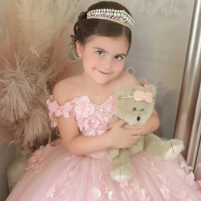 Pink 3d Applique Flower Girl Dress For Wedding Off Shoulder Luxurious Pearls Tulle Child First Eucharistic Birthday Party Dress