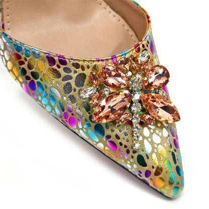 Elegant Rhinestone Heels & Matching Bag Set, Colorful Print Pointed Toe Block Heels for Banquet Club Night