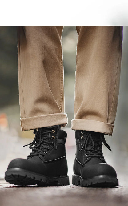 Men's Versatile Black Boots Plush Lining Warmth Shoes Retro Non-Slip Thick Sole Work Boots Outdoor Casual Mid-Calf Boots