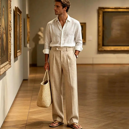 Beige Men's Linen Pants Breathable Cool Straight Leg Trousers High Waist Pleated Lightweight Summer Casual For Beach Vacation