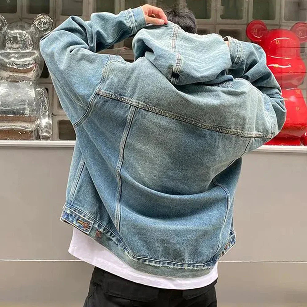 Mens Autumn Fashion Denim Washed Distressed Retro Hoodie Genderless Street Fashion Casual Loose Denim Sweatshirt Unisex