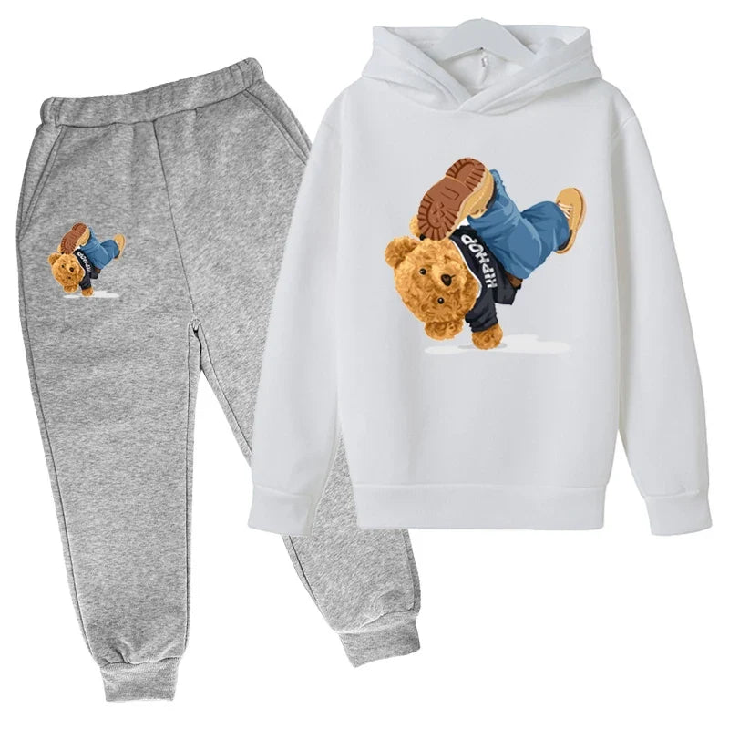 Kids Hoodie Set Cotton Top Pants 2pcs Sets Spring/Autumn Children's Clothing Street Dance Cartoon Bear Print Boys Girls Tops
