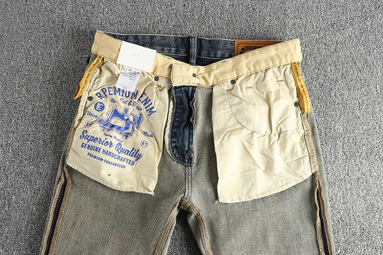 Embroidery embellished white to do old American vintage jeans men slim small straight leg fashion all-match youth pants