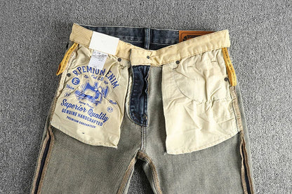 Embroidery embellished white to do old American vintage jeans men slim small straight leg fashion all-match youth pants