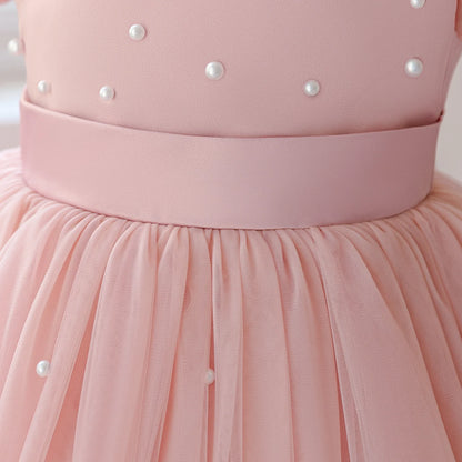 Summer Flower Girls Dress Elegant Imitation Pearl Birthday Party Prom Dress Girl Tulle Wedding Bridesmaids Pageant Princess Gown