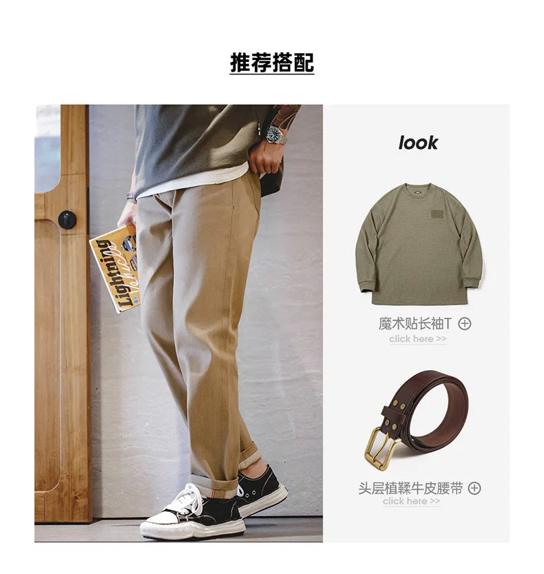 Retro 11.7oz Red-Line Selvedge Raw Denim Jeans for Men's Khaki Well-fitting Straight Pants Mid-waist Casual Fall Trousers