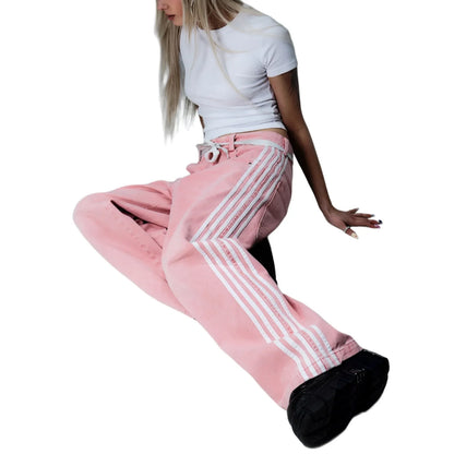Y2K American Retro High Waisted Jeans Loose Wide Leg Pants Harajuku Style Street Striped Gothic Niche Design Casual Pants