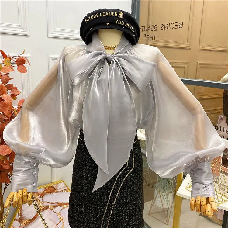 Spring Autumn Women Fashion Tops New Shirts Lantern Sleeve Stand Collar Solid Casual Vintage Elegant Temperament Long-Sleeved