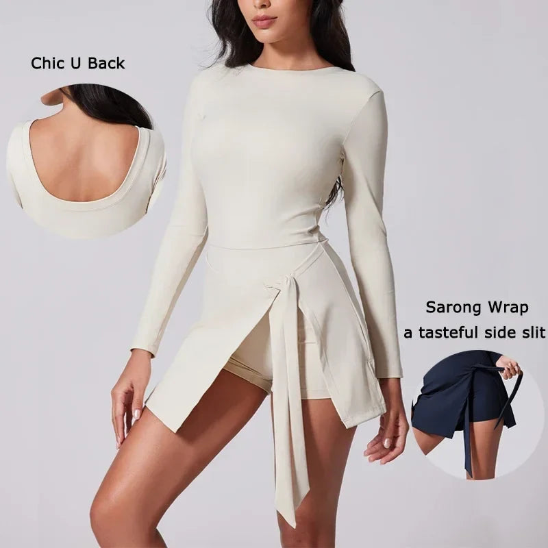 Womens High Neck Tennis Dress Long Sleeve Sarong Wrap Skirt Built in Shorts Golf Athletic Dress Workout Rompers