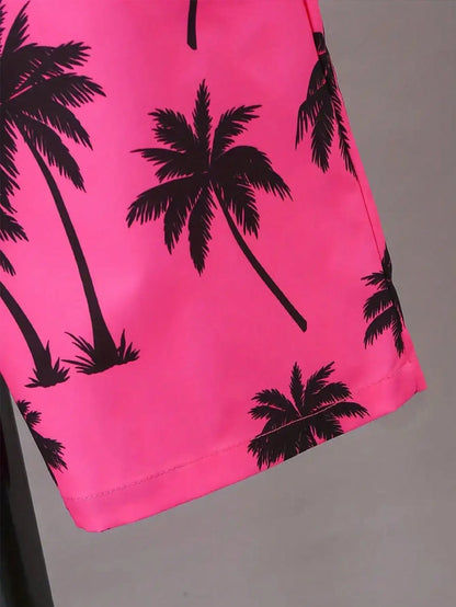 Boys' Coconut Tree Pattern 2-piece Color Contrasting Set, T-shirt and Shorts Set, Suitable for Daily Travel