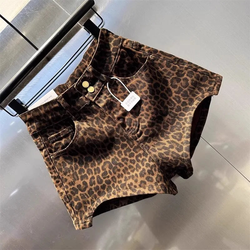 2025 Leopard Print High Waist Denim Shorts Women's New Irregular Fashion Wide-leg Pants Booty Shorts Jeans Mini Shorts Summer