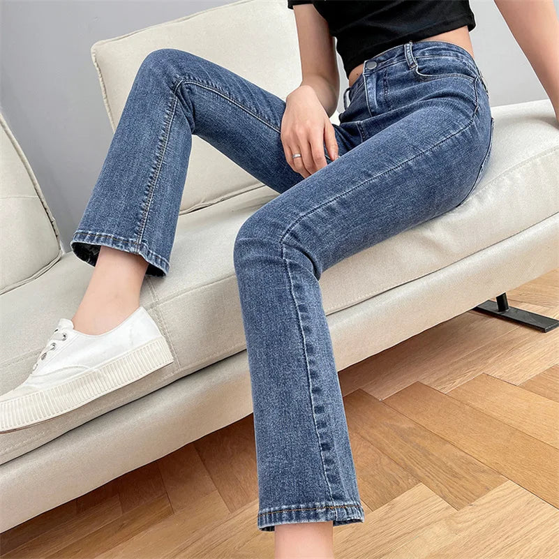 Women Fashion Flare Jeans Winter Streetwear Y2K Straight Pants Ankle Length Denim Jeans Girls Party Casual Retro Blue Trousers