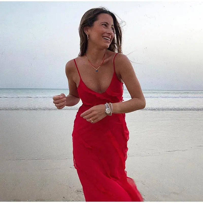 2024 Summer Fashion New Elegant Women's Sexy Chiffon Vacation Style Sling Dress with Ruffle Edge Style Long Dress