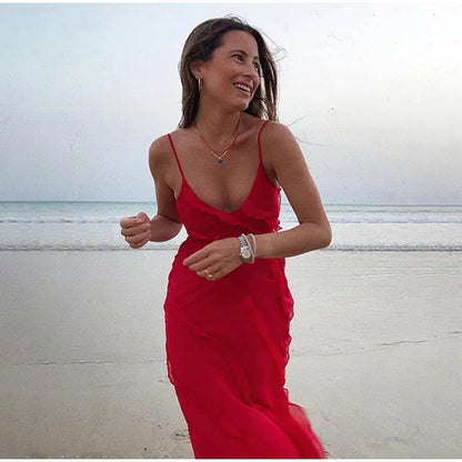 2024 Summer Fashion New Elegant Women's Sexy Chiffon Vacation Style Sling Dress with Ruffle Edge Style Long Dress