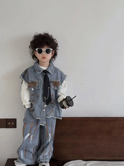 Boys Vest +Pants + Tie Outfits Kids Suits Cotton 3PCS/Set 2026 Blue Jean Spring Autumn Cotton Sport Teenagers Children Clothing