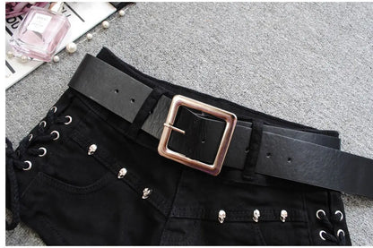 Korean Low Rise Denim Shorts 2024 - Riveted Lace Up Bodycon Black Hot Pants Vintage Cheeky Booty Summer TikTok Y2K Outfit