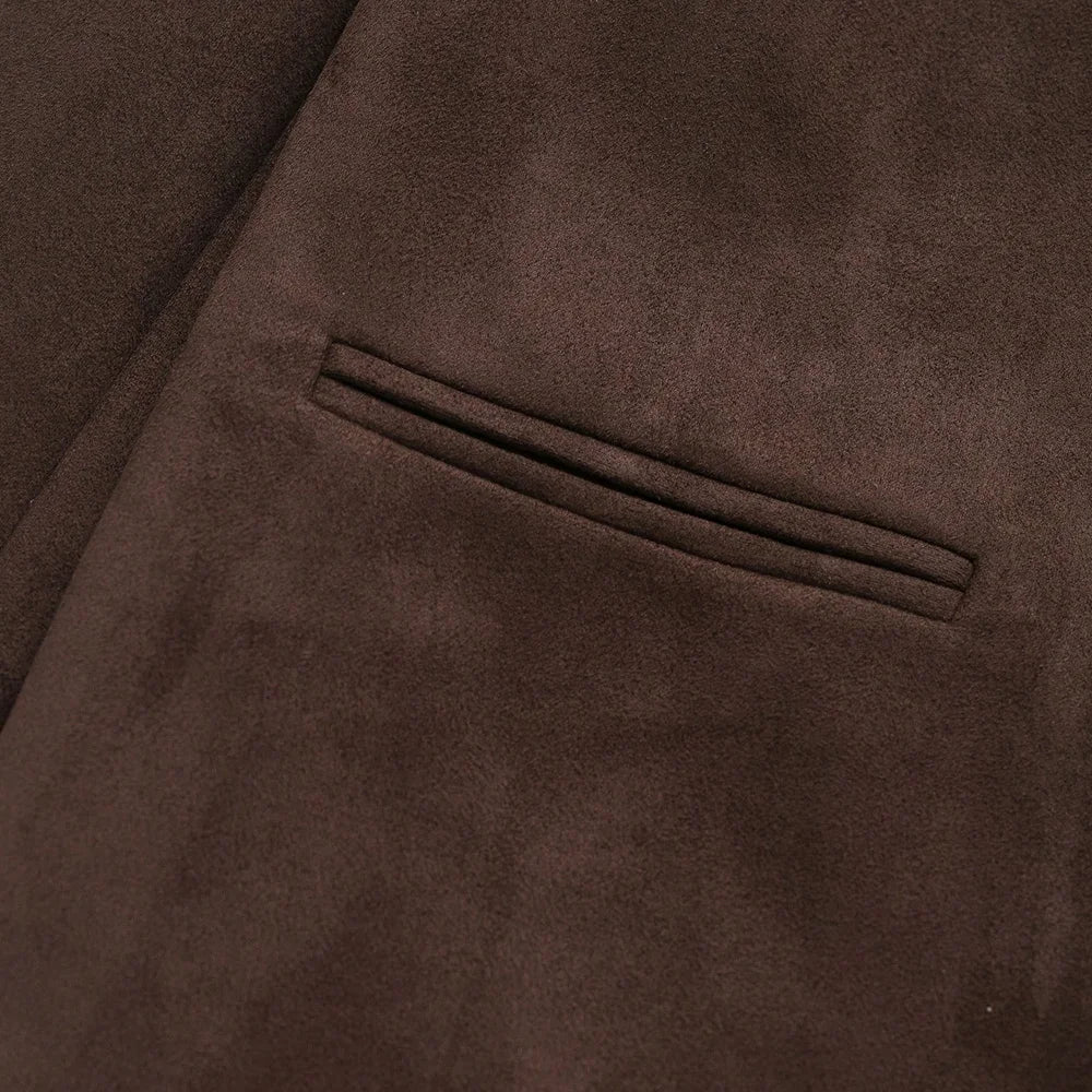 Women's Chic Faux Suede Leather Blazer Coat Long Sleeve with Welt Pockets Fashion Outerwear