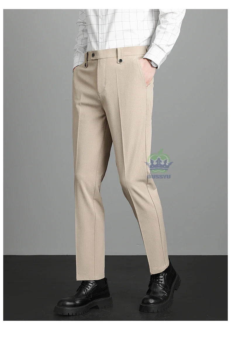 Brand High Quality Business Suit Ankle Length Pants Men Grey Khaki Waist Design Work Office Formal Long Trousers Male