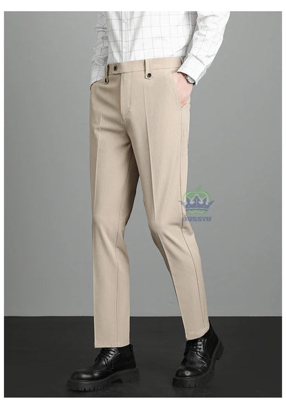Brand High Quality Business Suit Ankle Length Pants Men Grey Khaki Waist Design Work Office Formal Long Trousers Male