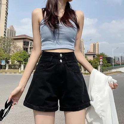 Double-Buckled Straight-Leg Short Jeans Women's Spring/Summer Loose Cuffed Wide-Leg Denim Shorts Trendy Y2K Mini Skirt Cuteore