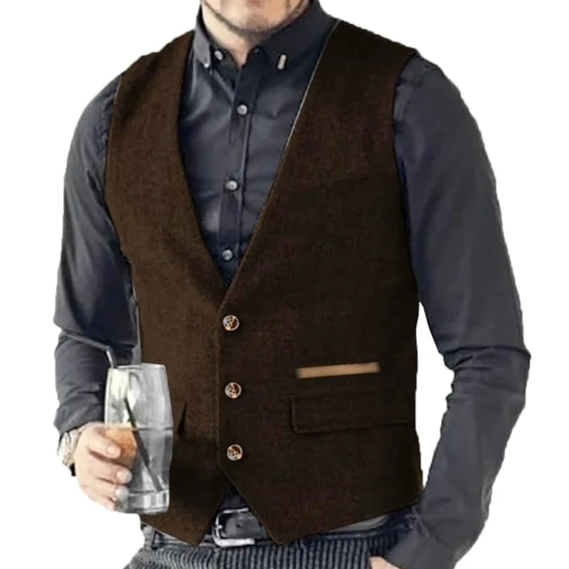 Men Vest Brown Solid Tweed Vest Retro Herringbone Vintage Wedding Groom Banquet Gilet Men Vest Suit
