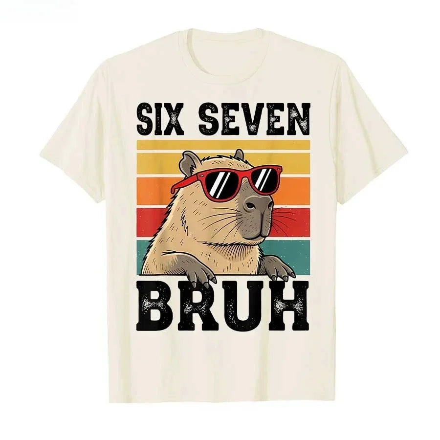 Six Seven Bruh Meme Funny Capybara T-shirt For Women Short Sleeve Tops Summer Short sleeved Harajuku streetwear Tops Tees  ﻿