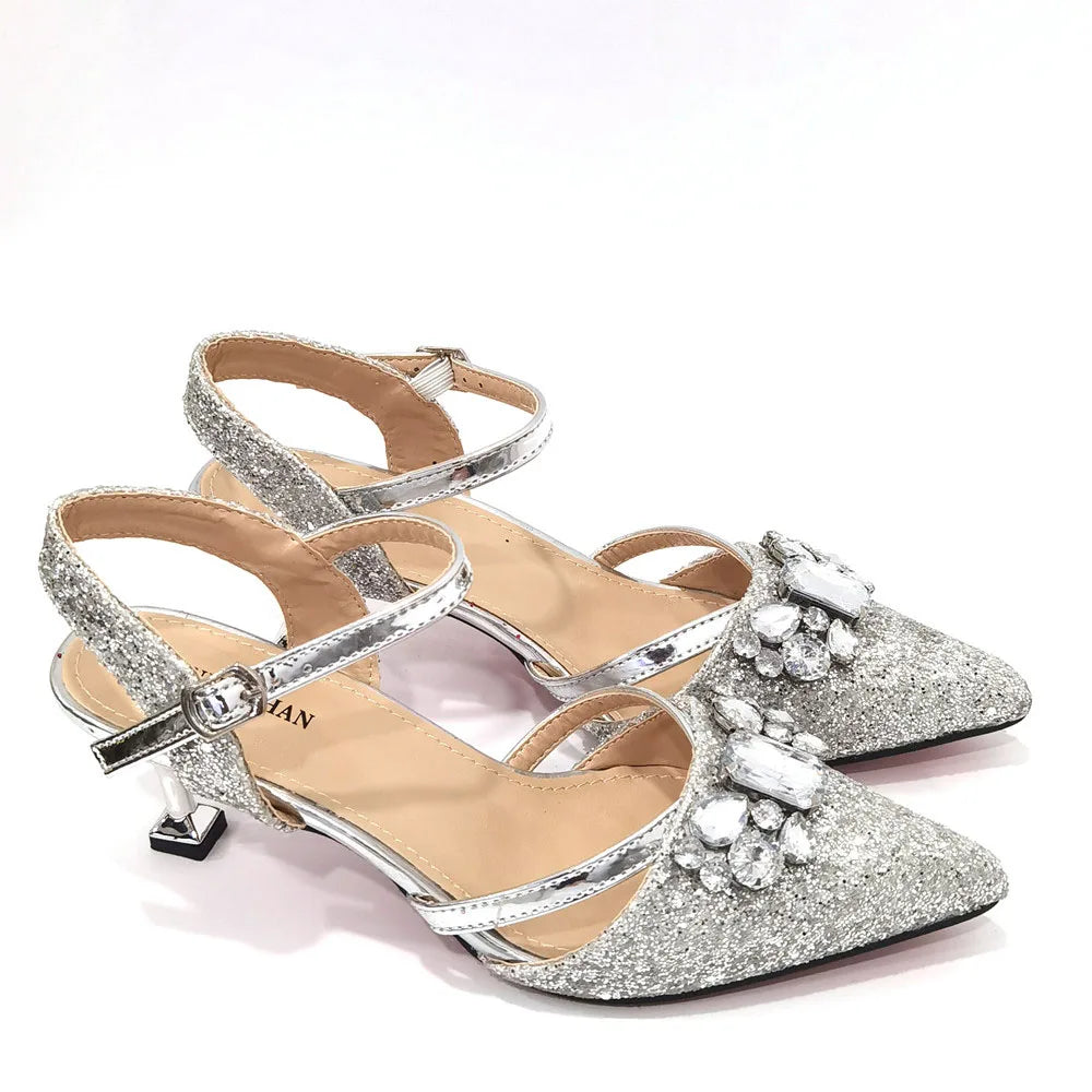 2022 Nigerian Fashionable Silver Color Peep Toe Shoes Matching Bag Set For Royal Ladies Wedding Party Sandal