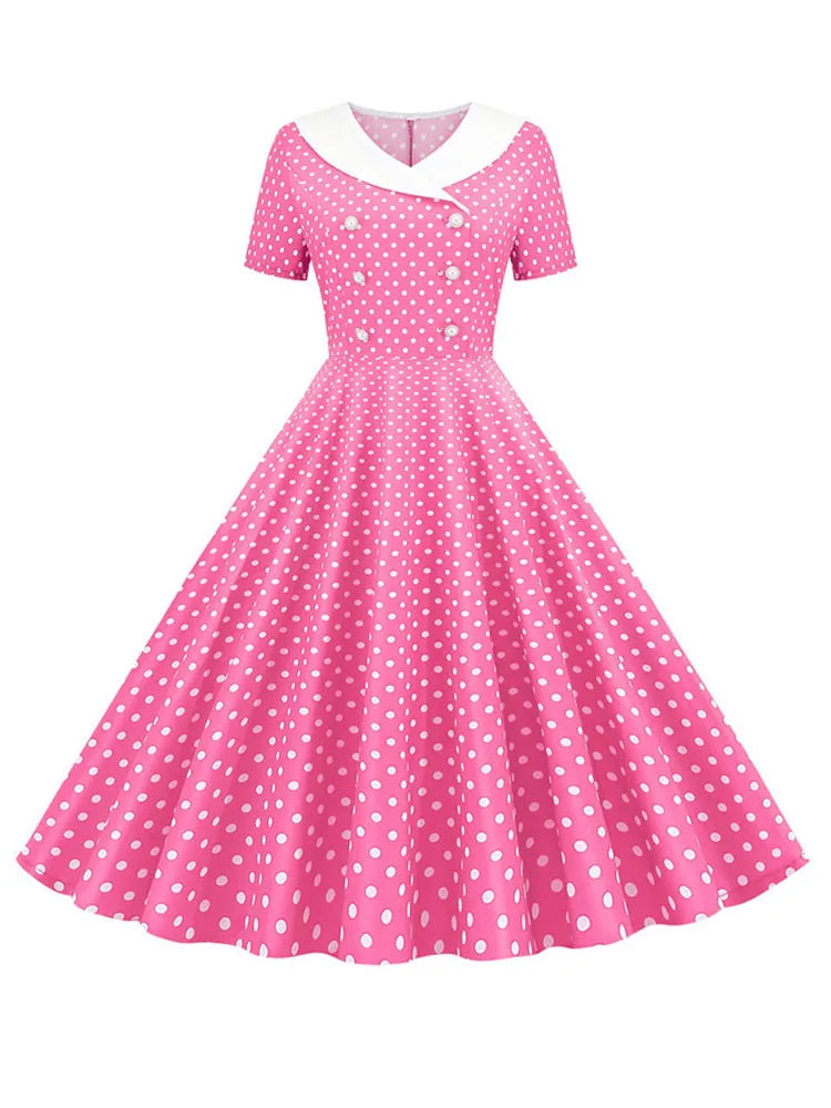 Summer Midi Dress Women Elegant Pink Vintage Party Sundress Casual Peter pan Collar Short Sleeve Dress