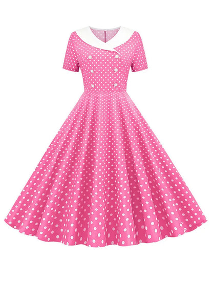 Summer Midi Dress Women Elegant Pink Vintage Party Sundress Casual Peter pan Collar Short Sleeve Dress