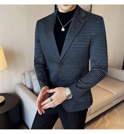 Men's Elegant Grid Suit Jacket 2026 Spring New Fashion Slim Blazer Jackets Social Prom Dress Jacket Men's High Quality Clothing