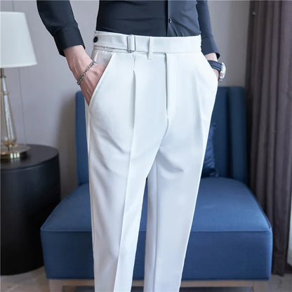 2026 Texture Naples Men's Solid Color Casual Pants Fashion Belt Design Slim Fit Suit Pants Formal Wear Wedding Social Trousers