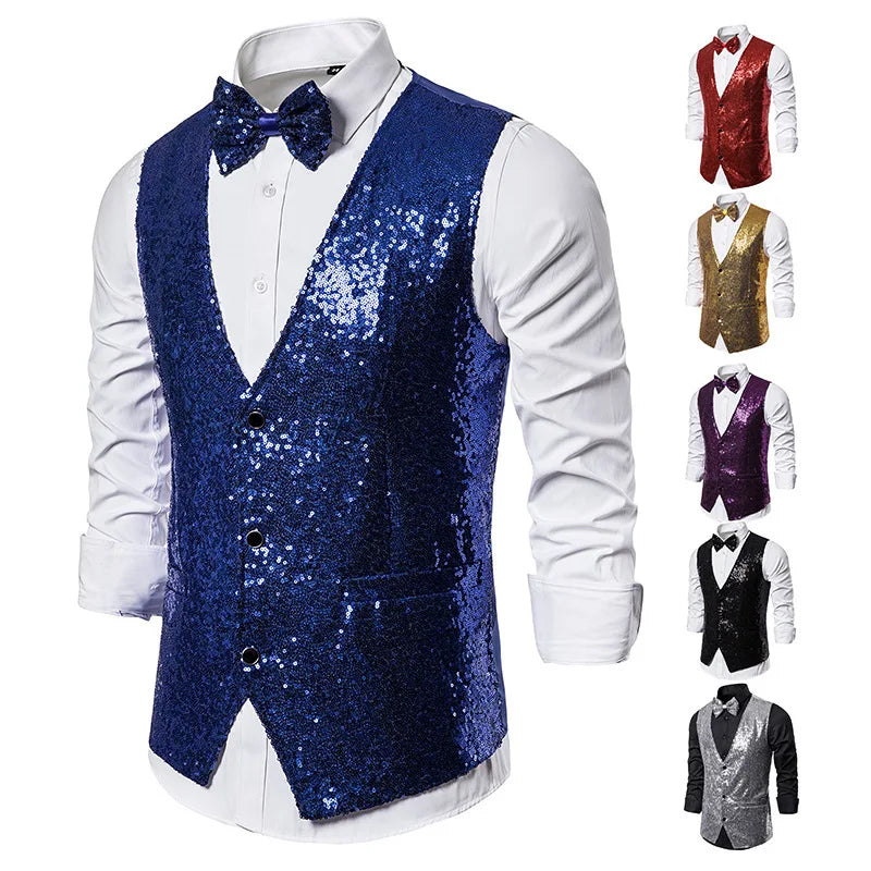 2026 Men's Shiny Gold Sequin Glitter Embellished Blazer Waistcoat Night Club Blazer Wedding Party Waistcoat Stage Singers Vest
