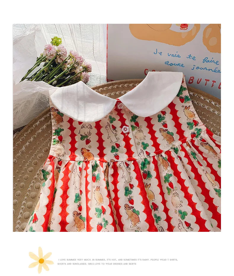 Flower Collar Rabbit Embroidered Girls' Dress 2025 Summer Style Cartoon Print Sweet and Cute Baby Sleeveless Dress