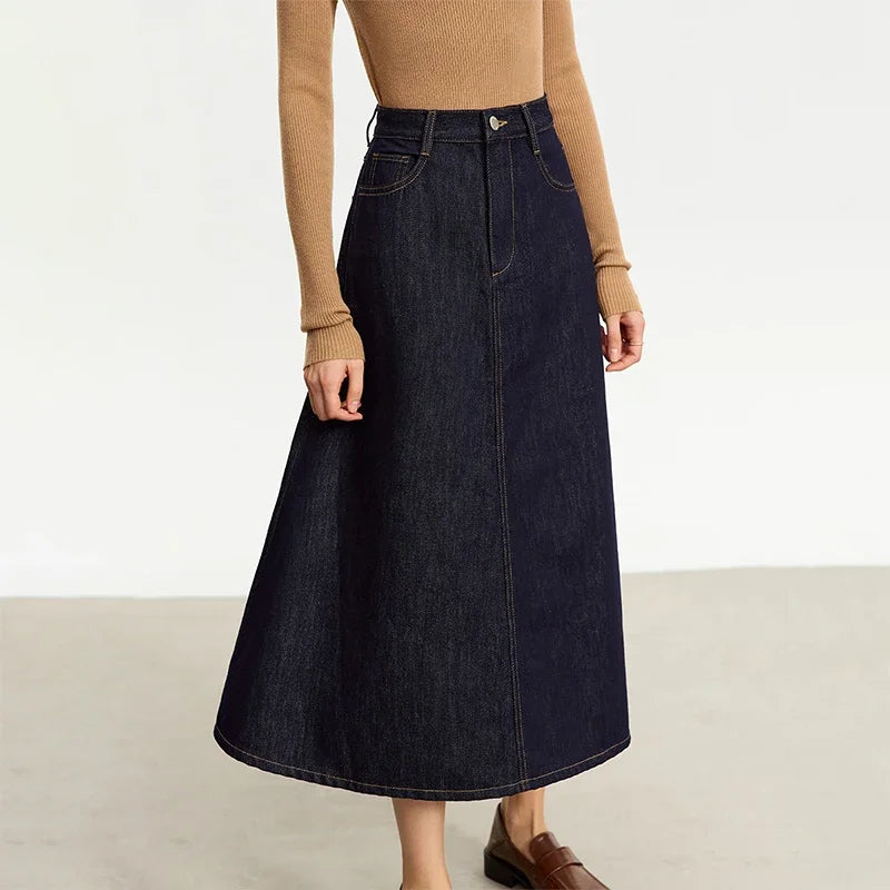 Minimalist Women Denim Skirt 2025 Autumn New French Retro Loose Basics Casual A-line Office Lady Cotton Midi Skirt 12343070