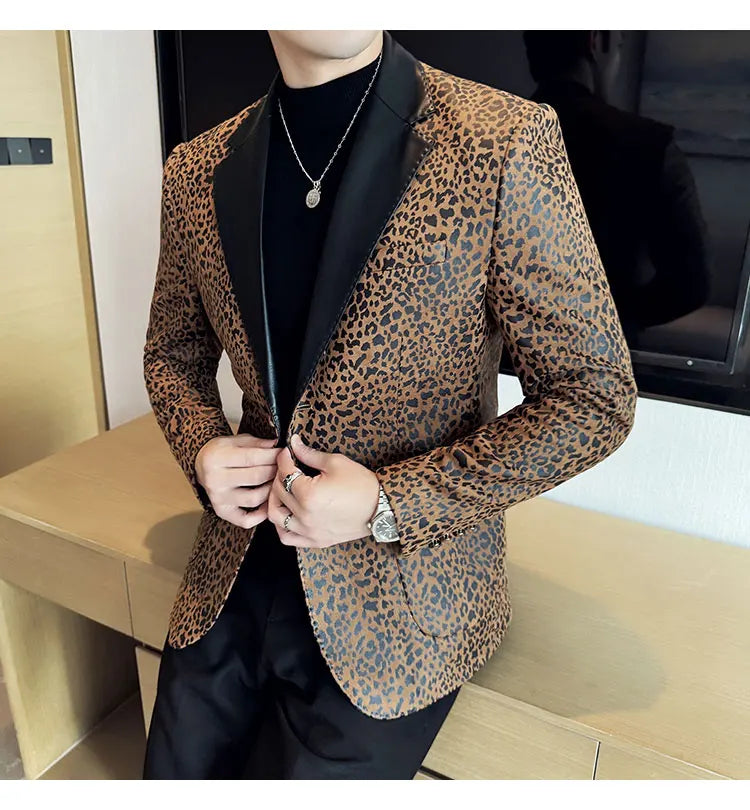 Splicing Leather Neck Casual Suit Jacket Fashion Leopard Men's Business Slim Fit Social Formal Blazers Wedding Groom Tuxedos