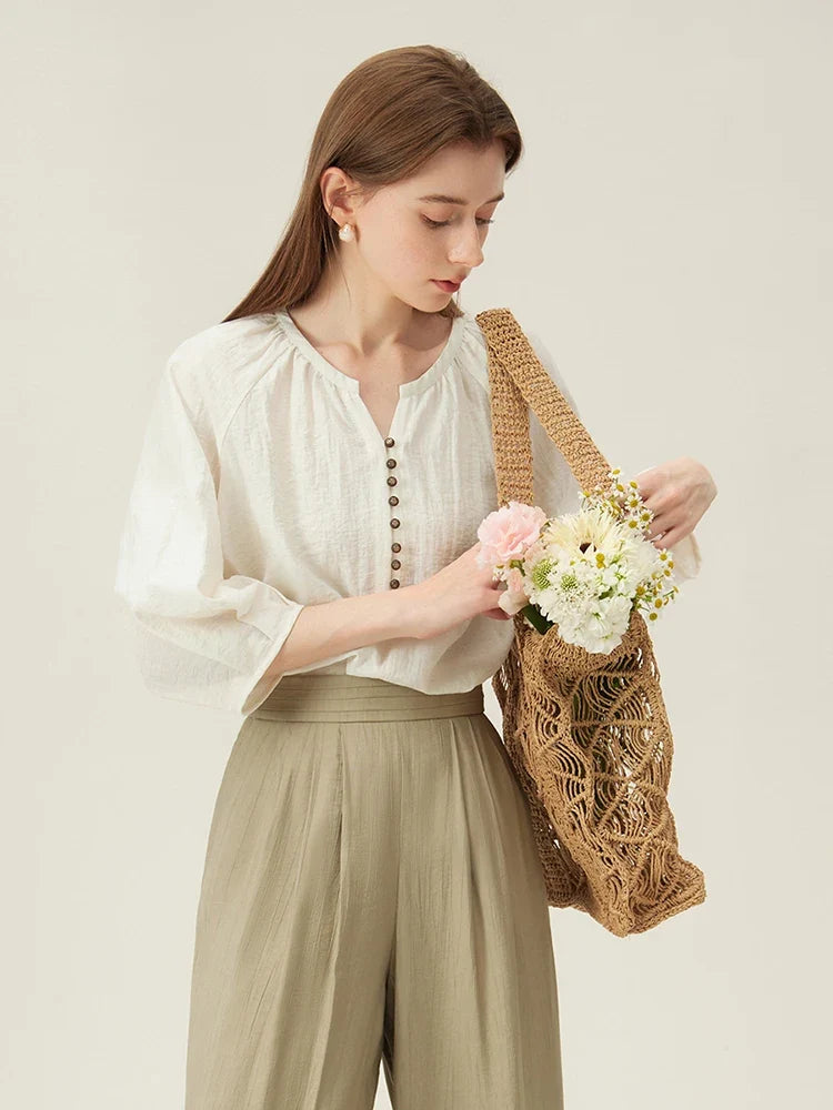 French Linen Beige Three-quarter Sleeve Elegant Summer Thin Shirts Loose Round Neck Pullover Blouses 24FS12211