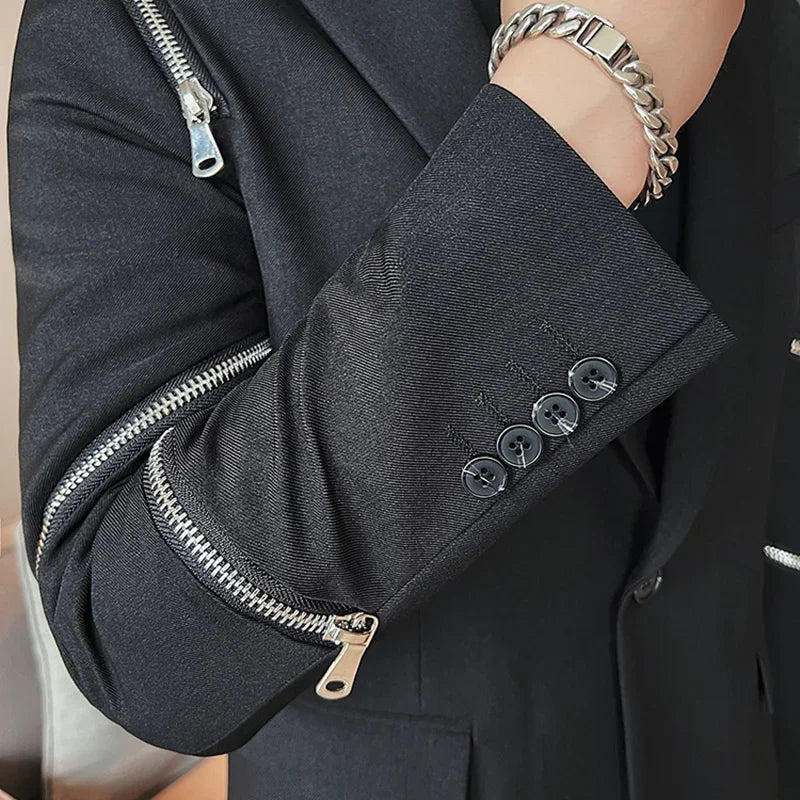 2024 Autumn New Zipper Decoration Blazer Men Casual Slim Fit Business Dress Coats Homme Formal Social Prom Tuxedo Men Clothing